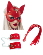 Kırmızı Fantezi Deri Kelepçe Kırbaç Maske Fetiş Seti BC5367